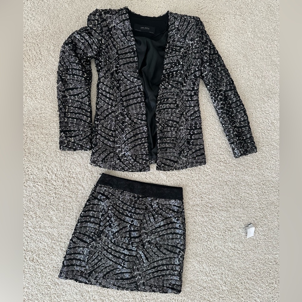 Zara Black Sequin Blazer & Skirt Set